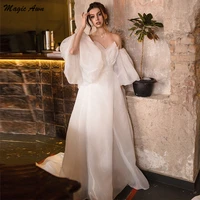 magic awn boho wedding dresses 2022 organza detachable puffy sleeves lace up back beach bridal gowns organza white mariage dress