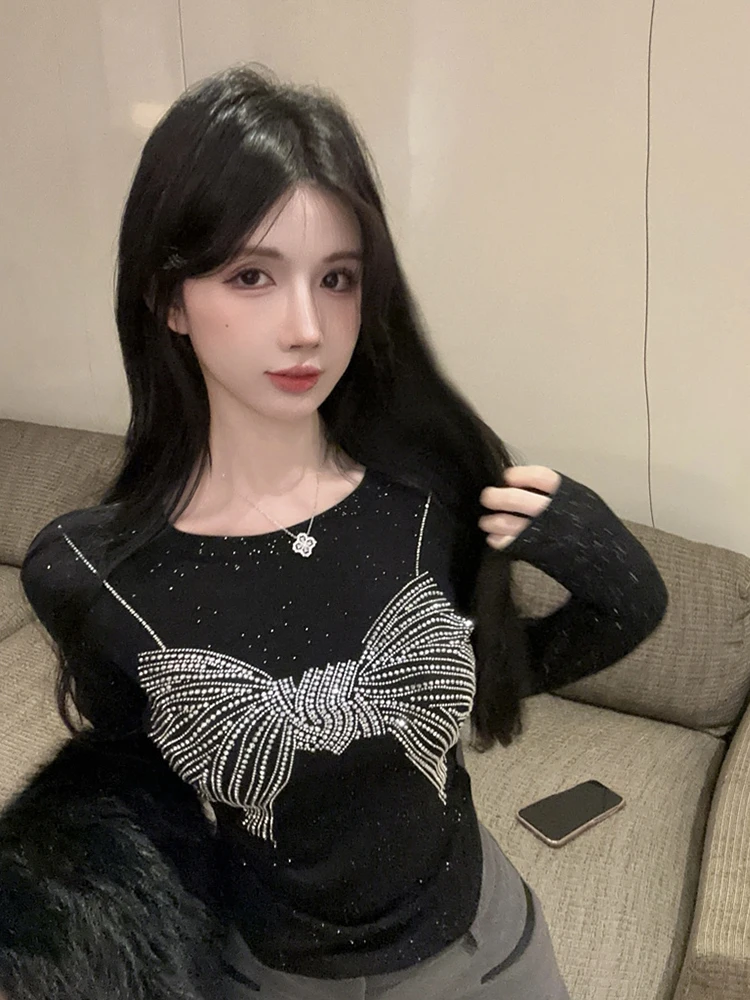 Большой размер черный бант горячее сверление рубашка с длинными рукавами