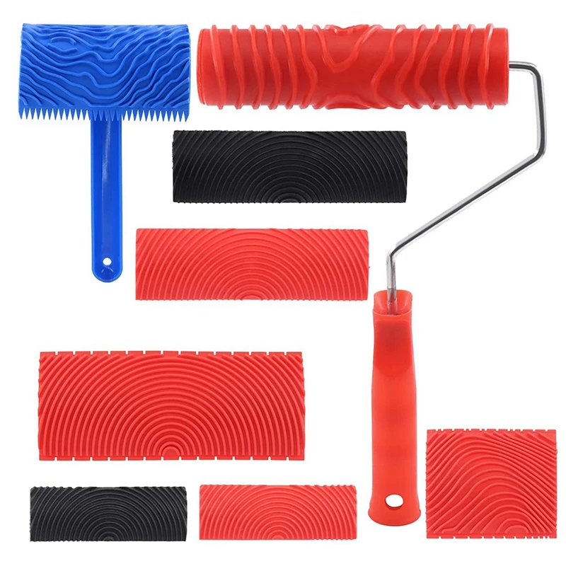 

8Pcs Wood Graining Painting Tool Set, Red Black Blue Rubber Wood Grain Tool For Wall Floor Furniture DIY Room Decoration