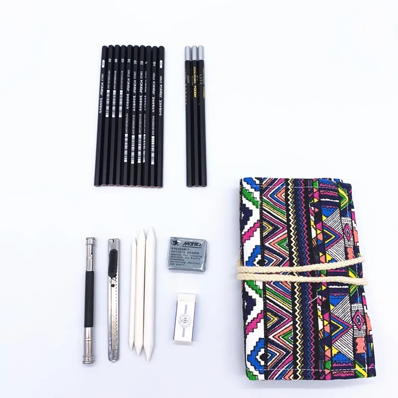 

22 Pcs Sketch Pencil Set Ethnic Style Pen Curtain Beginner Marley Student Sketch Set Art Supplies Charcoal Pencils De Papel