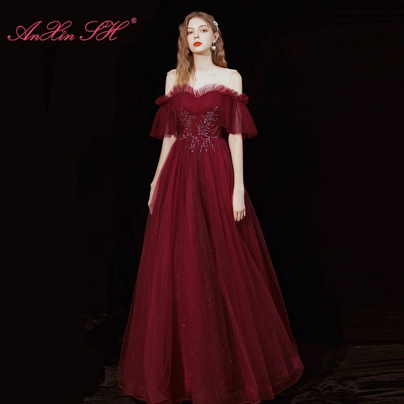 

AnXin SH princess wine red lace evening dress vintage party illusion o neck sparkly beading crystal ruffles bride evening dress