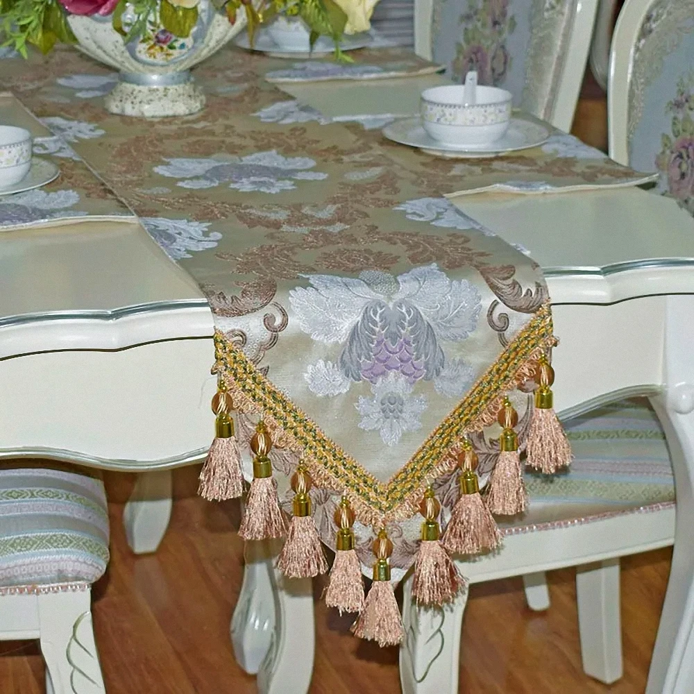 

Luxury Table Runner Long Embroidery Jacquard Fabric with Multi-Tassels Table Runners for Dining Room Dresser Wedding Decoration