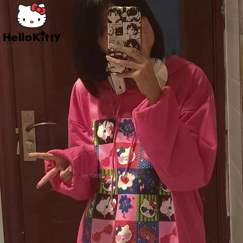 Sanrio Fashion Cartoon Hello Kitty Hoodie Y2k Girl Autumn Loose Harajuku Street Style Clothes Long Sleeve Women Trendy Hooded