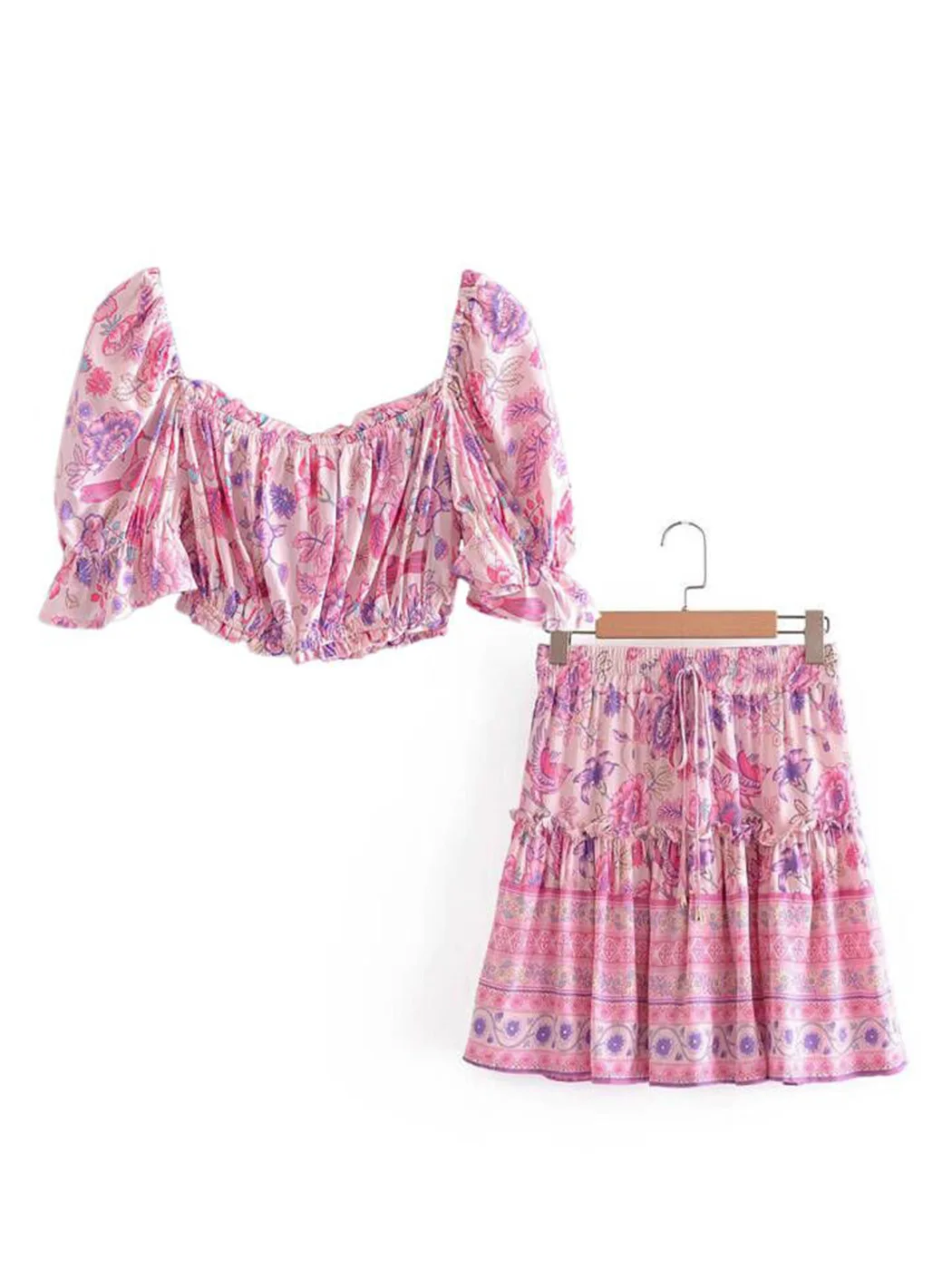 

Женское платье с принтом в стиле бохо Jastie, летний укороченный топ с короткими рукавами, юбка трапециевидной формы с эластичной резинкой на т...