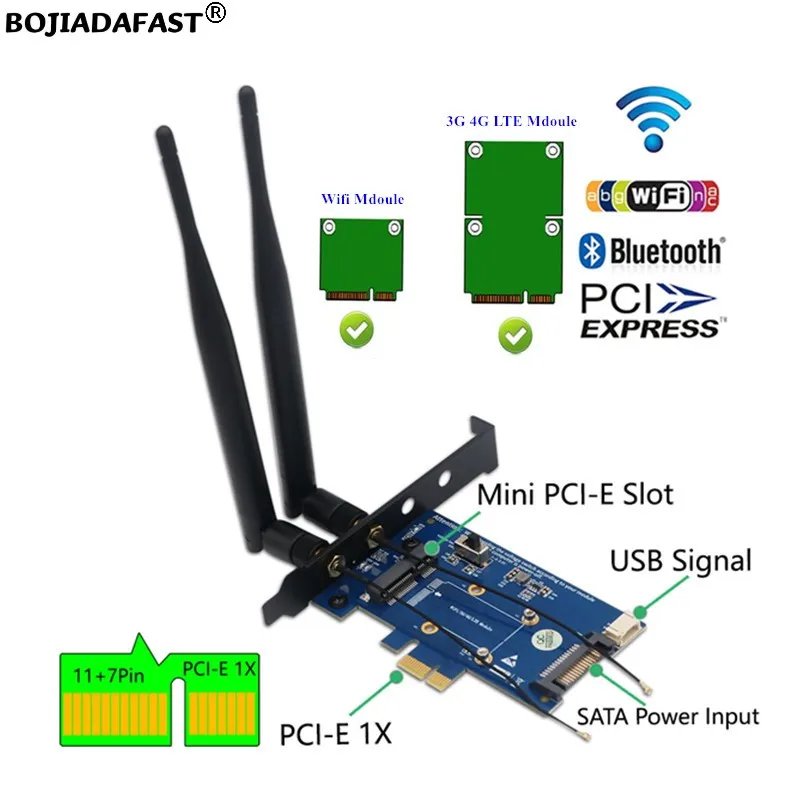 Mini PCIe MPCIe 52Pin Wireless to PCI Express PCI-E 1X Adapter Riser Card with Dual Antenna for 4G 3G LTE GSM Modem Wifi Module