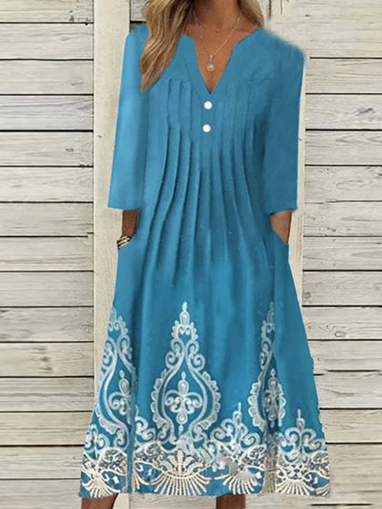 

Summer Vintage Floral Print Ladies Dress Casual 3/4 Sleeve V Neck Button Pocket Dress Women Fashion Loose Pleated A-line Dresses