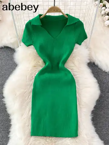 Women Summer Knit Dress 2023 V Neck Streetwear Slim Midi Short Sundress Ladies Casual Elastic Waist Sexy Bodycon Dress
