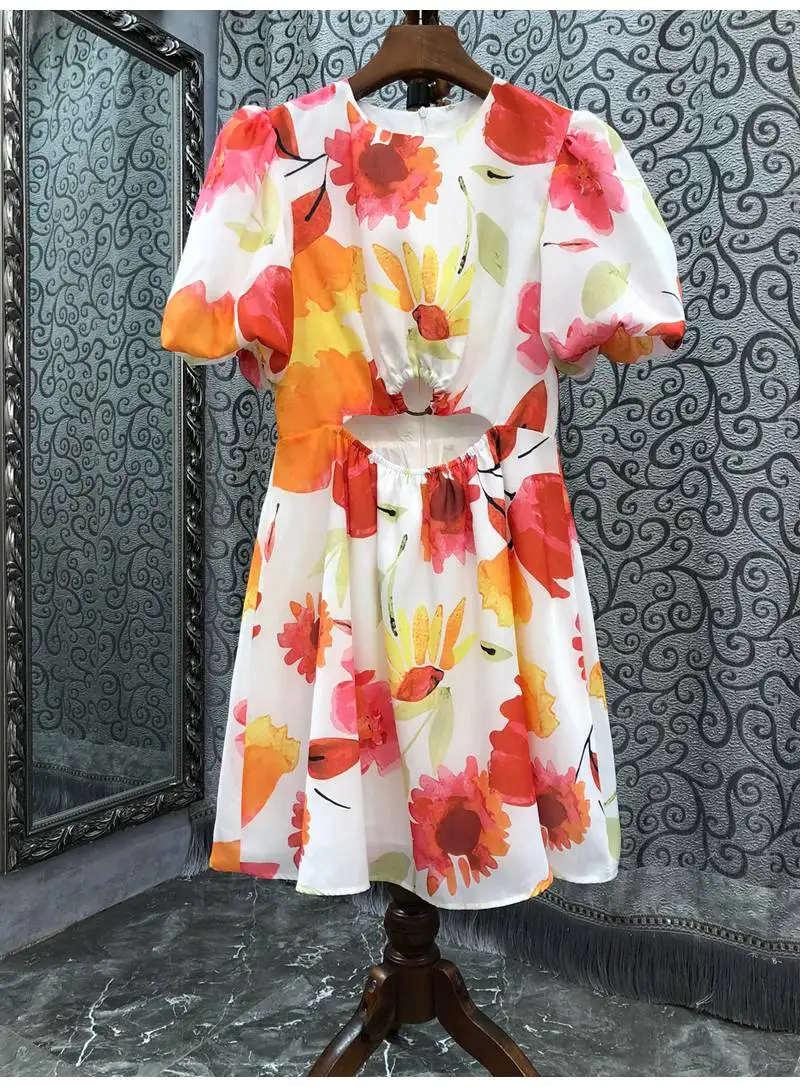 Novia Party 2022 Summer Dress High Quality Women Sweet Floral Print Hollow Out Sexy Short Sleeve Casual Sexy Above Knee Dress