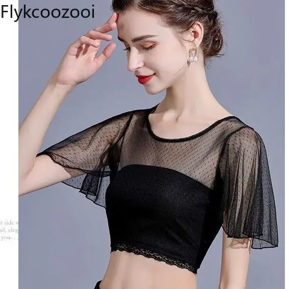 Женская ультратонкая короткая блузка кружевная роскошная винтажная с круглым