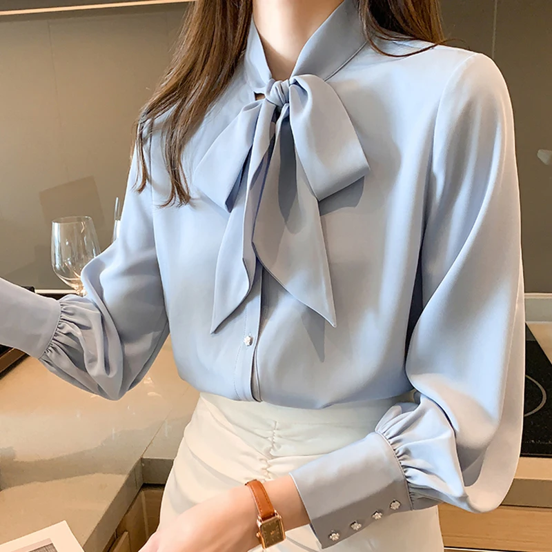 

New Arrival Shirt Womens Blouse Vintage Work Casual Tops Chiffon Blouse Bow Elegant Loose Women Business Shirts 2022