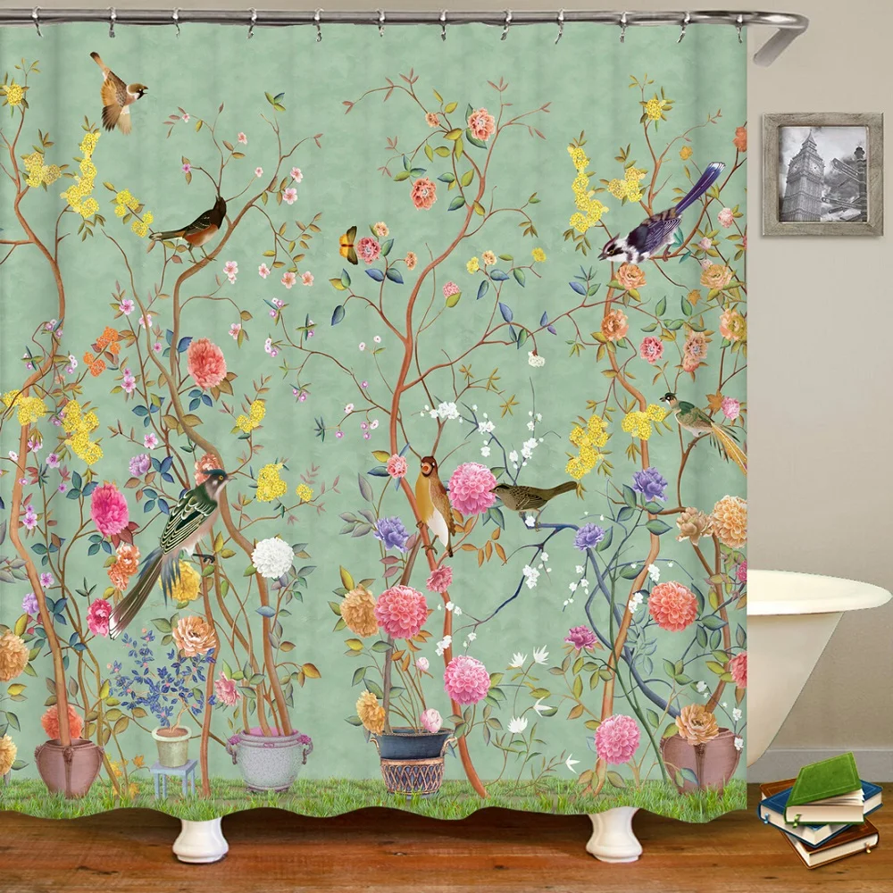 

Retro Flowers Bird Shower Curtain Spring Tree Floral Branch Chinese Landscape Hand Drawn Art Waterproof with Hooks Bath Curtains