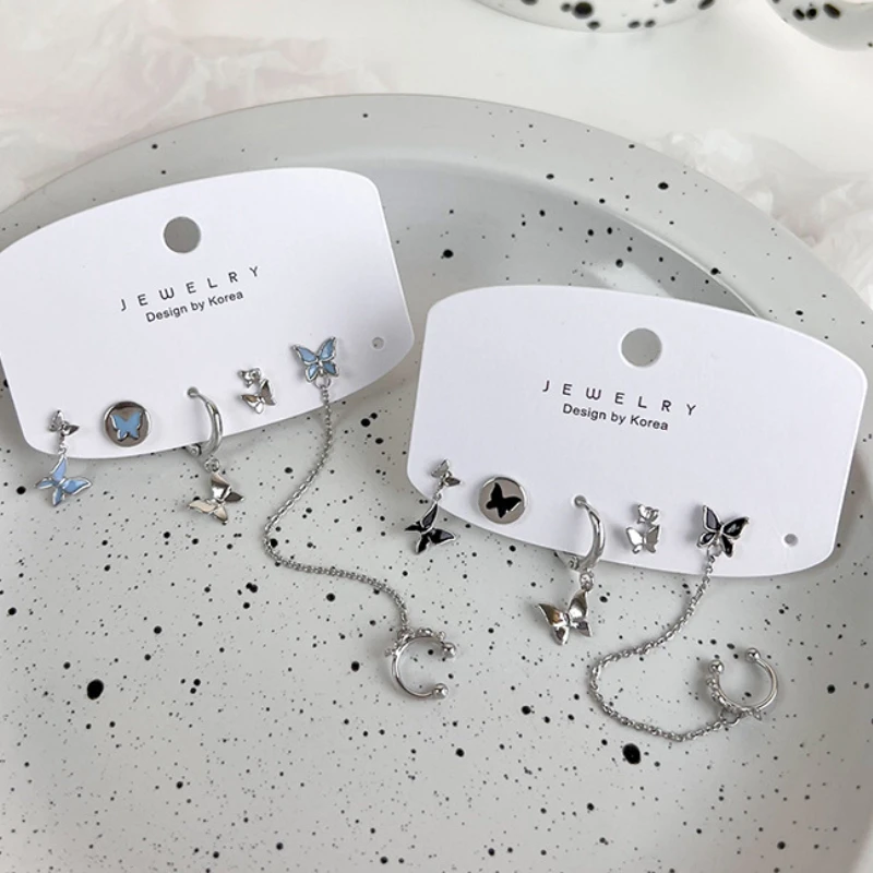 

U-Magical Simple Enamel Blue Black Butterfly Earrings Studs Set for Women Fashion Chain Asymmetric Metal Earrings Jewellery