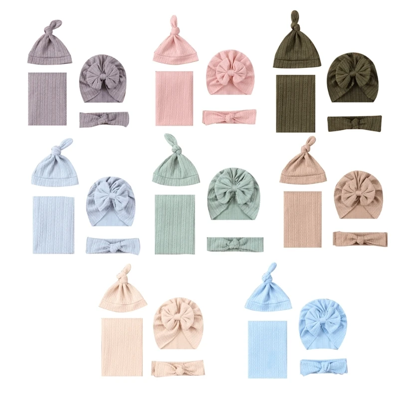 

67JC Solid Color Newborn Swaddle with Matching Hat & Headband Bow Cotton Baby Swaddle Blankets for Boys & Girls Durable