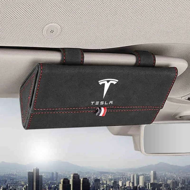

Tesla модель 3 Y 2022 автомобильный меховой кожаный козырек для очков футляр для очков Стайлинг автомобиля футляр для хранения солнцезащитных оч...