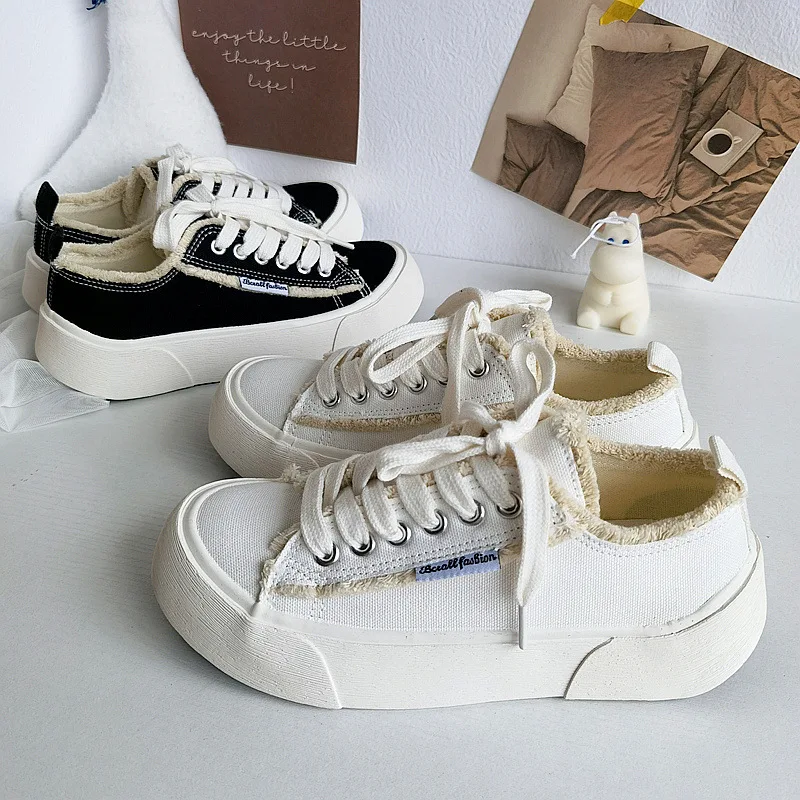

Women's Shoes Platform Casual Female Sneakers All-Match Round Toe Clogs New Breathable Small Summer Rubber Fretwork Canvas Lace-