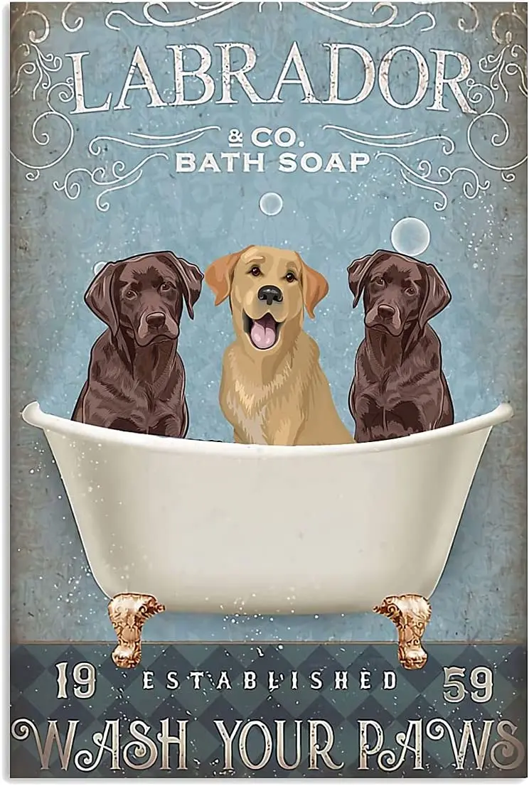 

Bathtub Dog Retro Metal Tin Sign, Labrador Retriever Bathing Soap Foam Poster Vintage Toilet Cave Wall Decoration Sign