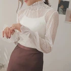 Новинка 2021, прозрачная Свободная Женская кружевная блузка в Корейском стиле, 3 цвета, женские блузки, размер меньше, топы, Милая футболка