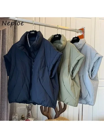 Жилет Neploe без рукавов с воротником-стойкой, однотонный, осенний, в корейском стиле, свободный, повседневный, хлопковый, на молнии, с дизайнерским акцентом, 2026