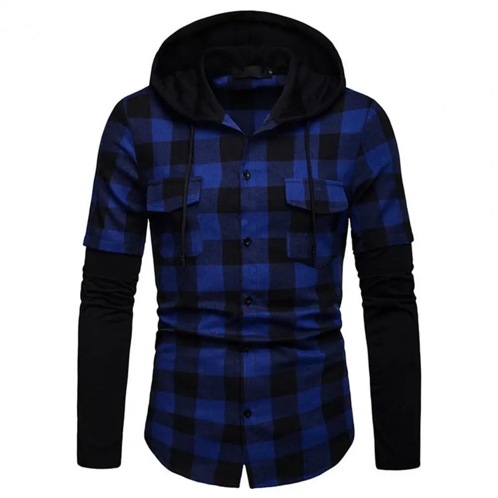 

Vintage Plaid Print Patchwork Hooded Shirts For Men Long Sleeve Single Breasted Shirt Spring Autumn Casual Fashion Mens Hoodies