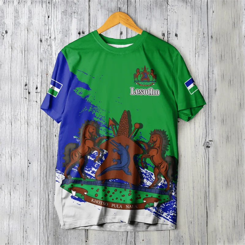 Фото Футболка с 3D-принтом The RepublicOf Lesotho Map Flag Lesotho Герб Графические футболки с короткими рукавами Винтажная мужская одежда Топ №1