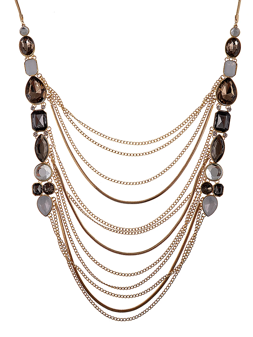 

Classy Golden Tone Cascade Layer Necklace Smoke Crystal Rhinestone Trend