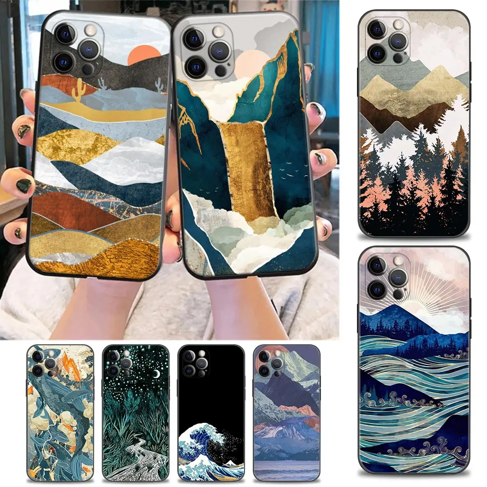 

Phone Case for iPhone 11 12 13 Pro 2022 7 8 SE XR XS 14 6 6s Plus Max Case Soft Silicon Cover 3D Relief Landscape Oil Painting