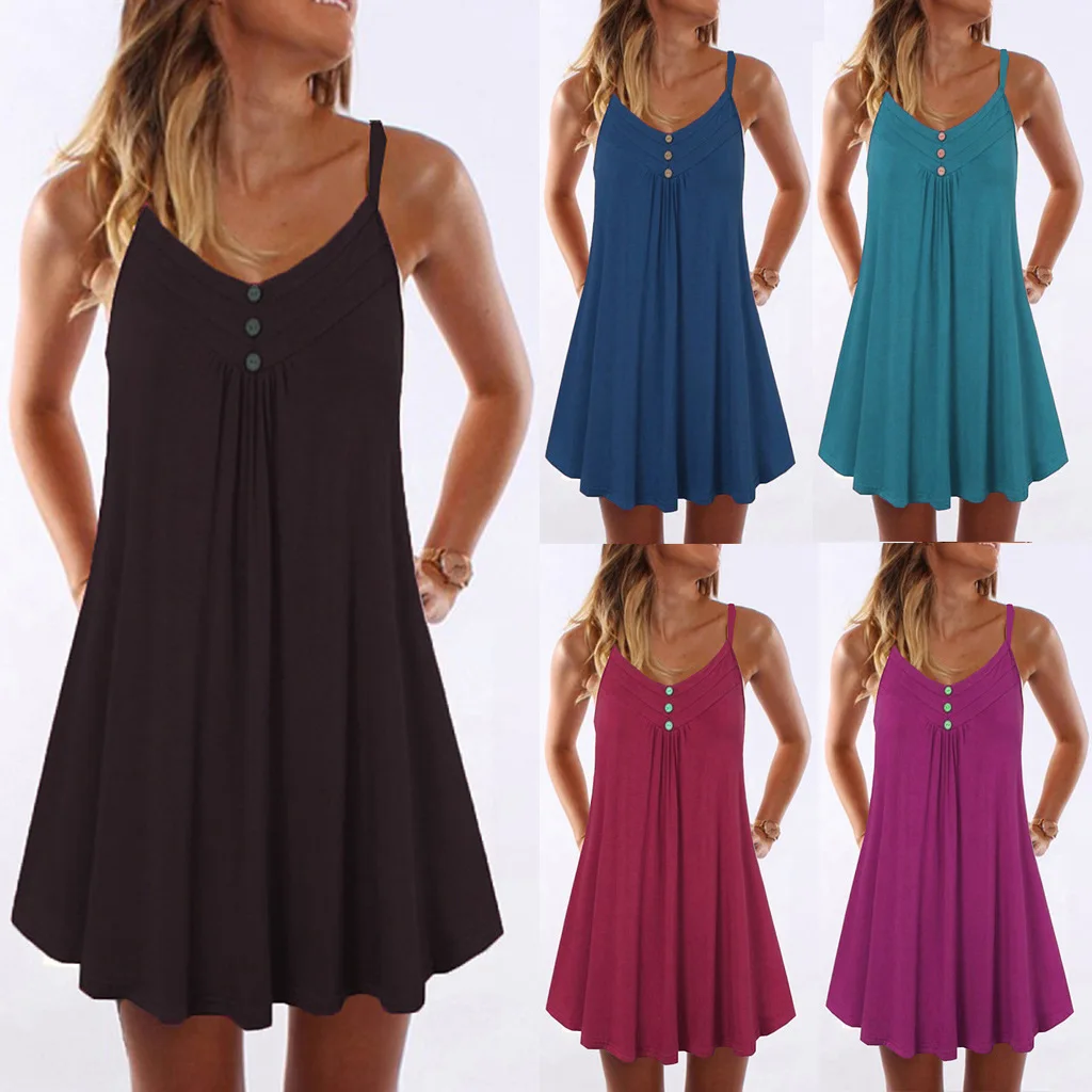 

Spaghetti Strap Dress Women Summer Solid Color Casual Loose Dress Female Sleeveless Mini Dresses Vestidos Women Clothing