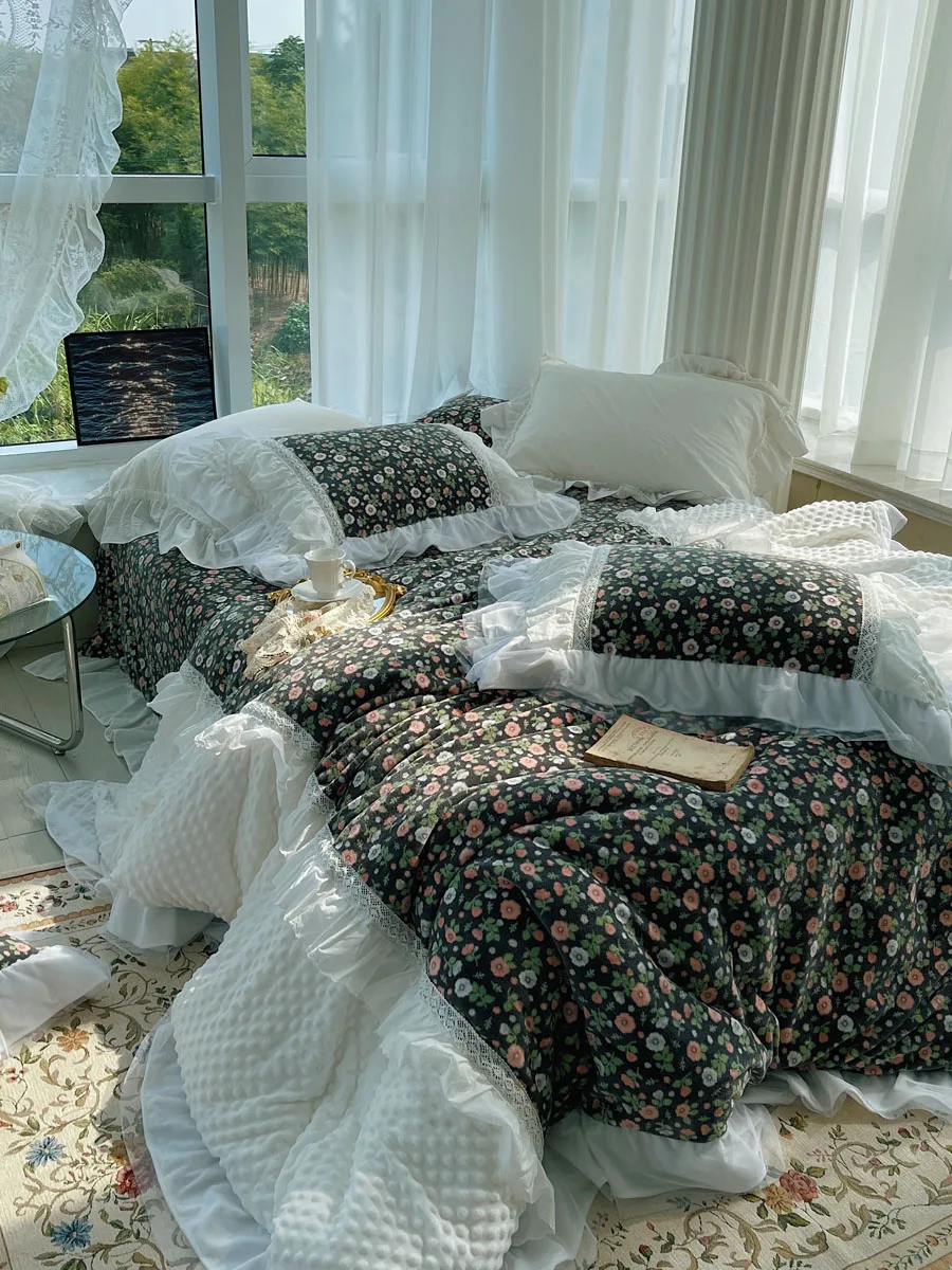 

French Vintage Bedding Set King Queen Size Floral Printed Milk Velvet Duvet Cover Bed Linen Sheet Set Cotton Bedding Sets 3/4Pcs