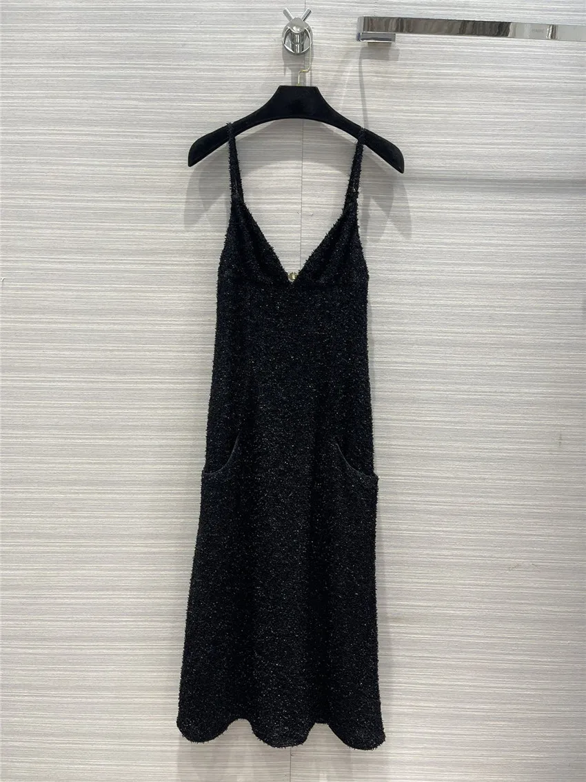 

Fashion Designer Dress for Women V Neck Spaghetti Strap Tweed Dress Black