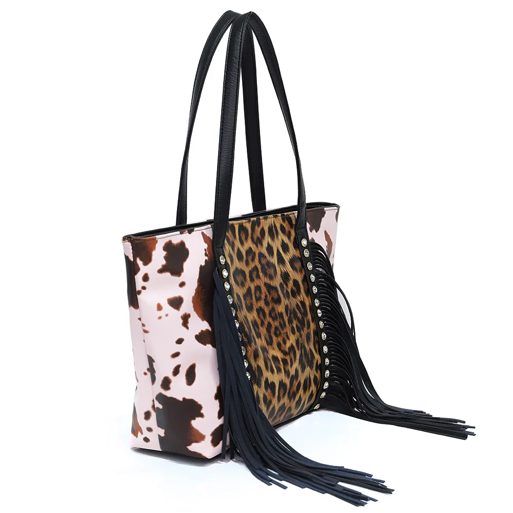 

2023 New European and American Trend Large Capacity Rivet Tassel Bag Leopard Pattern with Cow Pattern Shoulder Bag Square Bag