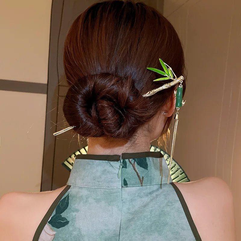 Enamel Bamboo Hair Sticks Women Gold Silver Plated Metallic Long Tassel Hair Clips Hair Accessories