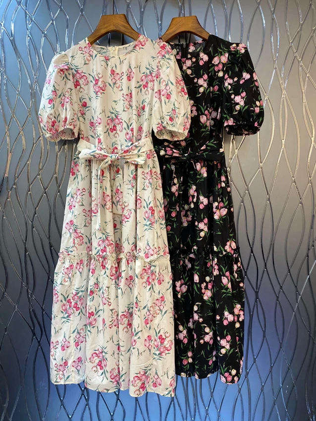 2023 new women fashion bubble short sleeve round neck belt slim-fit floral mid-length dress slim-fit dress 0518