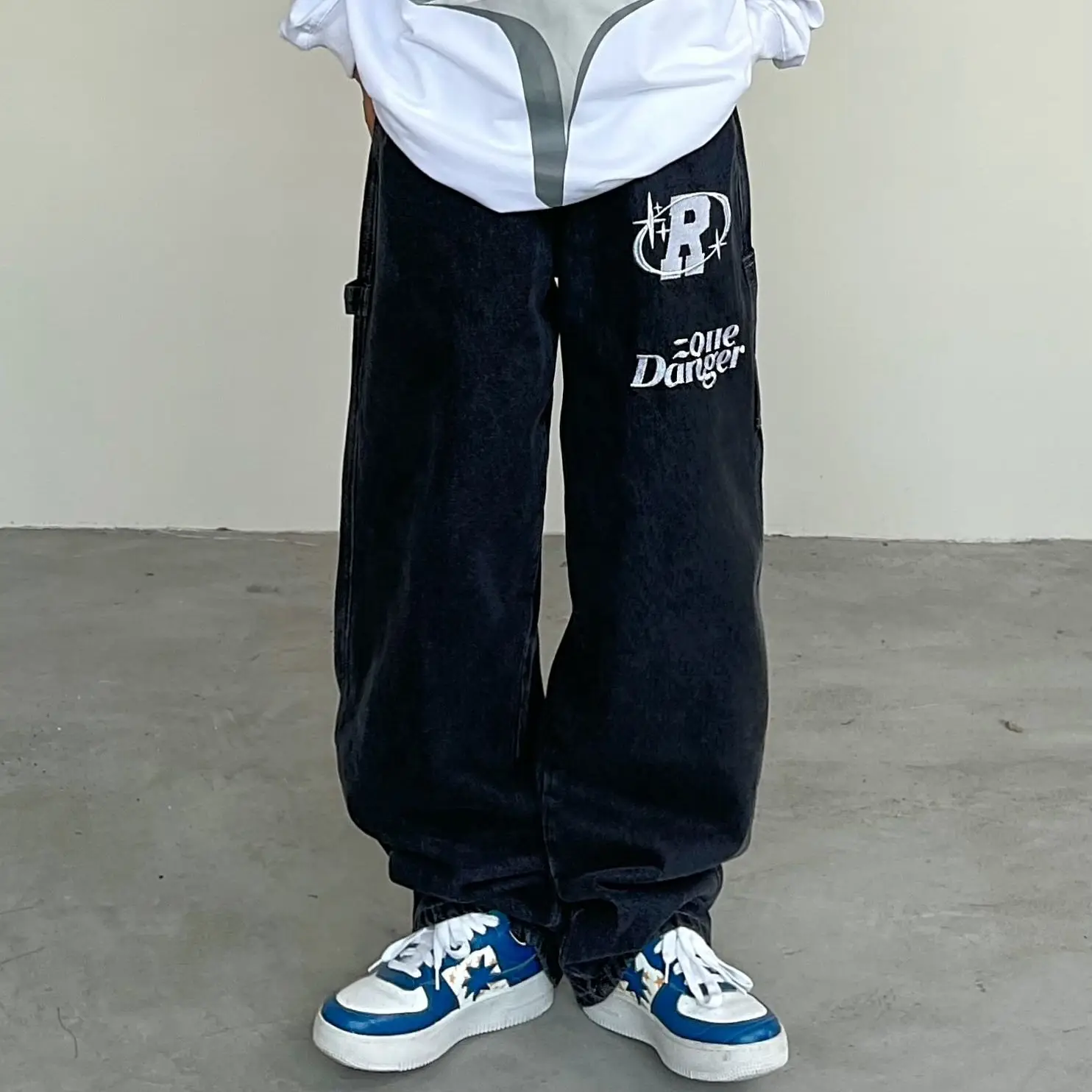 Retro Letter Print Straight Loose Jeans For Men Wide Leg Pants Oversize Y2k Streetwear Casual Trousers Jean Baggy High Street