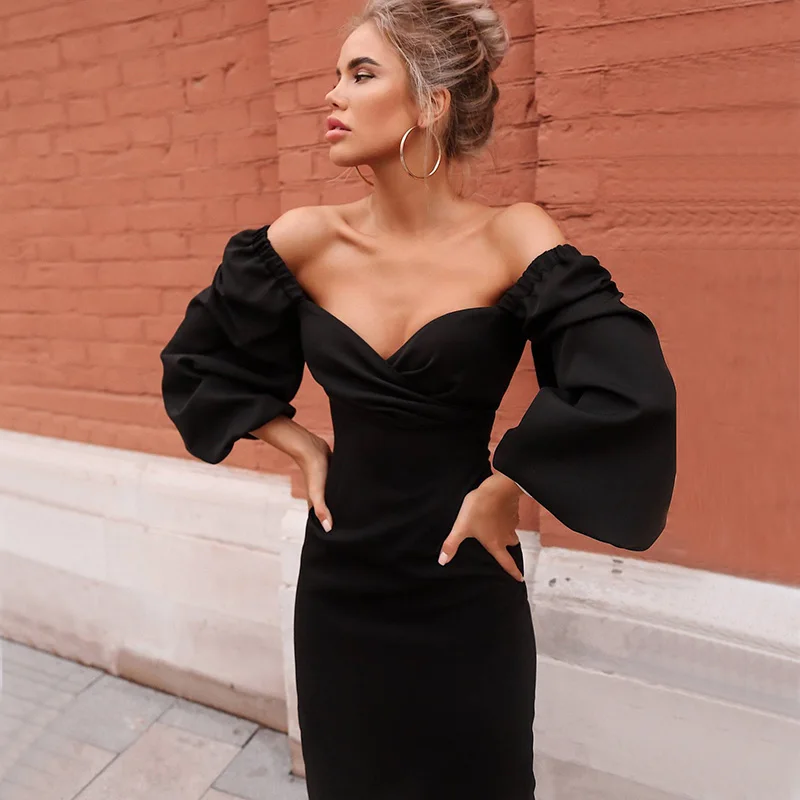 

BKFSHOP Four Colors European and American StyleinsPopular Sexy Strapless Long Sleeve Midi Dress