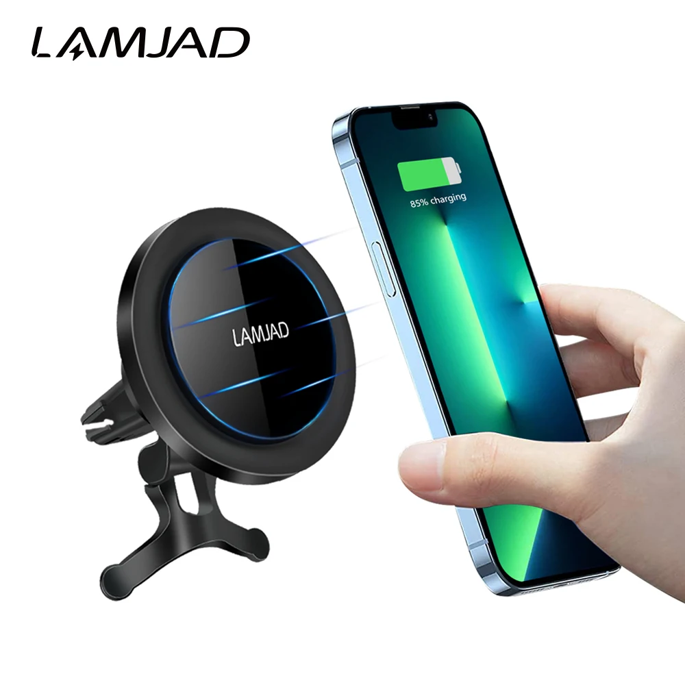

Автомобильный держатель для телефона LAMJAD Qi с функцией быстрой зарядки и вентиляцией для IPhone 13 Pro Max 12 Mini Magsafe, магнитное беспроводное автомоб...