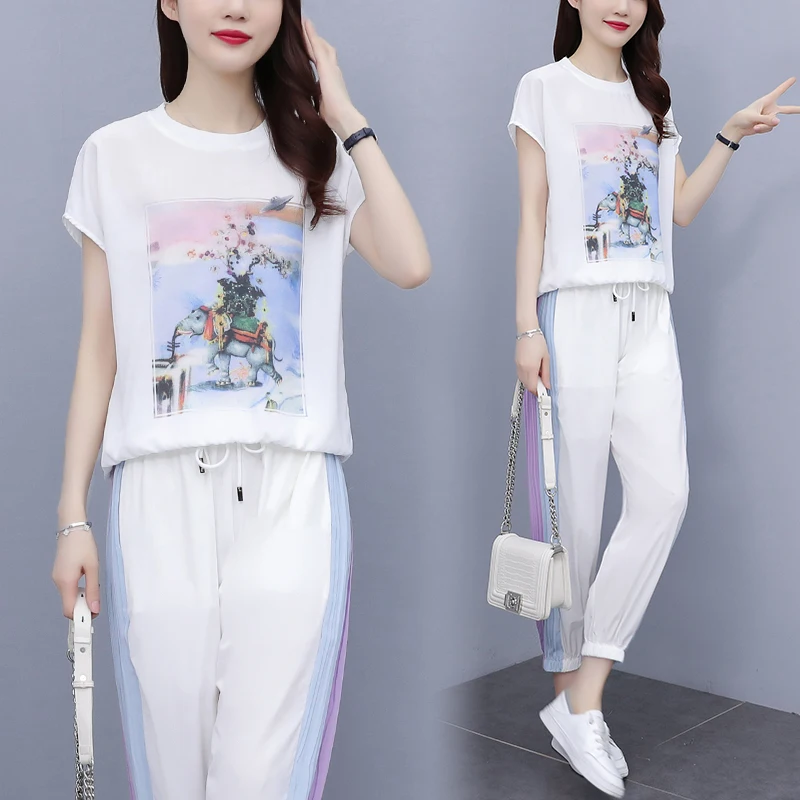 Спортивный костюм женский из двух предметов Повседневная футболка с широкими