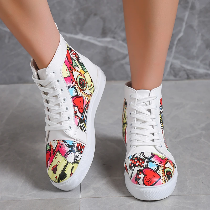 

Women's High Top Casual Shoes Single Shoes Color Printing Plus Size Women's Shoes 43 Women's Vulcanized Lace-Up High Top Shoes