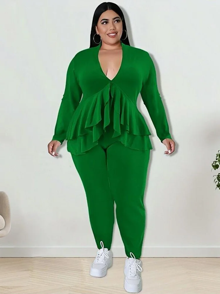 Plus Size Women Clothing Chic and Elegant Pants Suit Set Two Piece Sets Coat Ruffle Blazer Sets Wholesale Bul 3xl 4xl 5xl 6xl