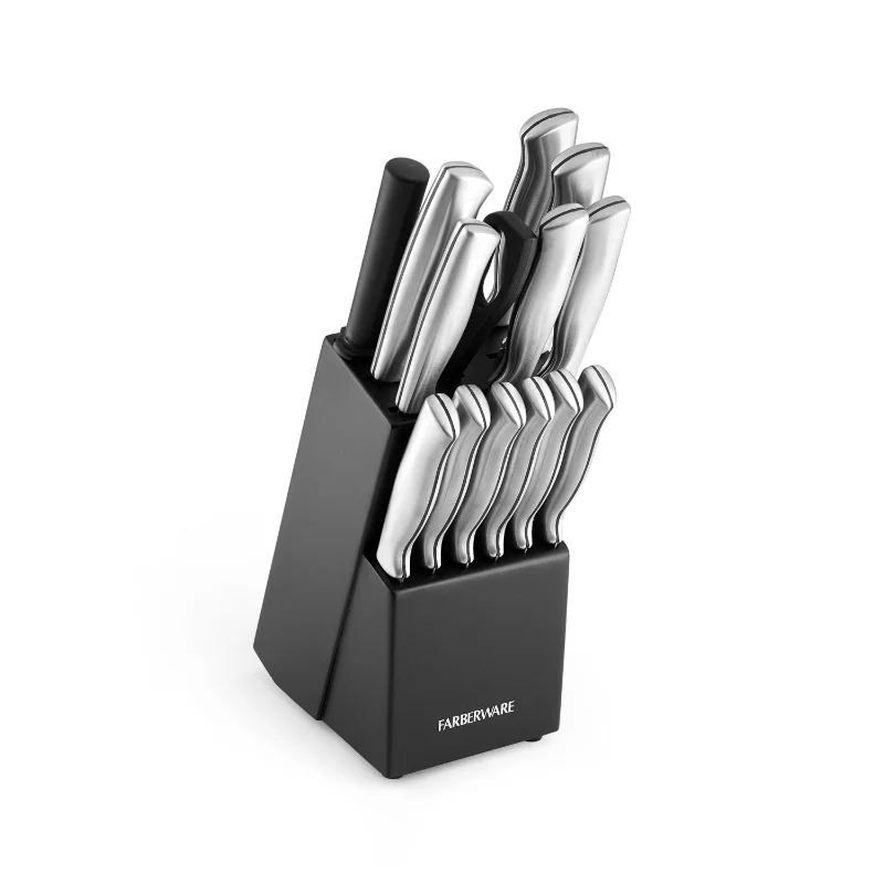 

Modern Kitchen 15-piece Stamped Stainless Steel Knife Block Set Ergonomically Designed Handles Black Rubberwood Storage Block