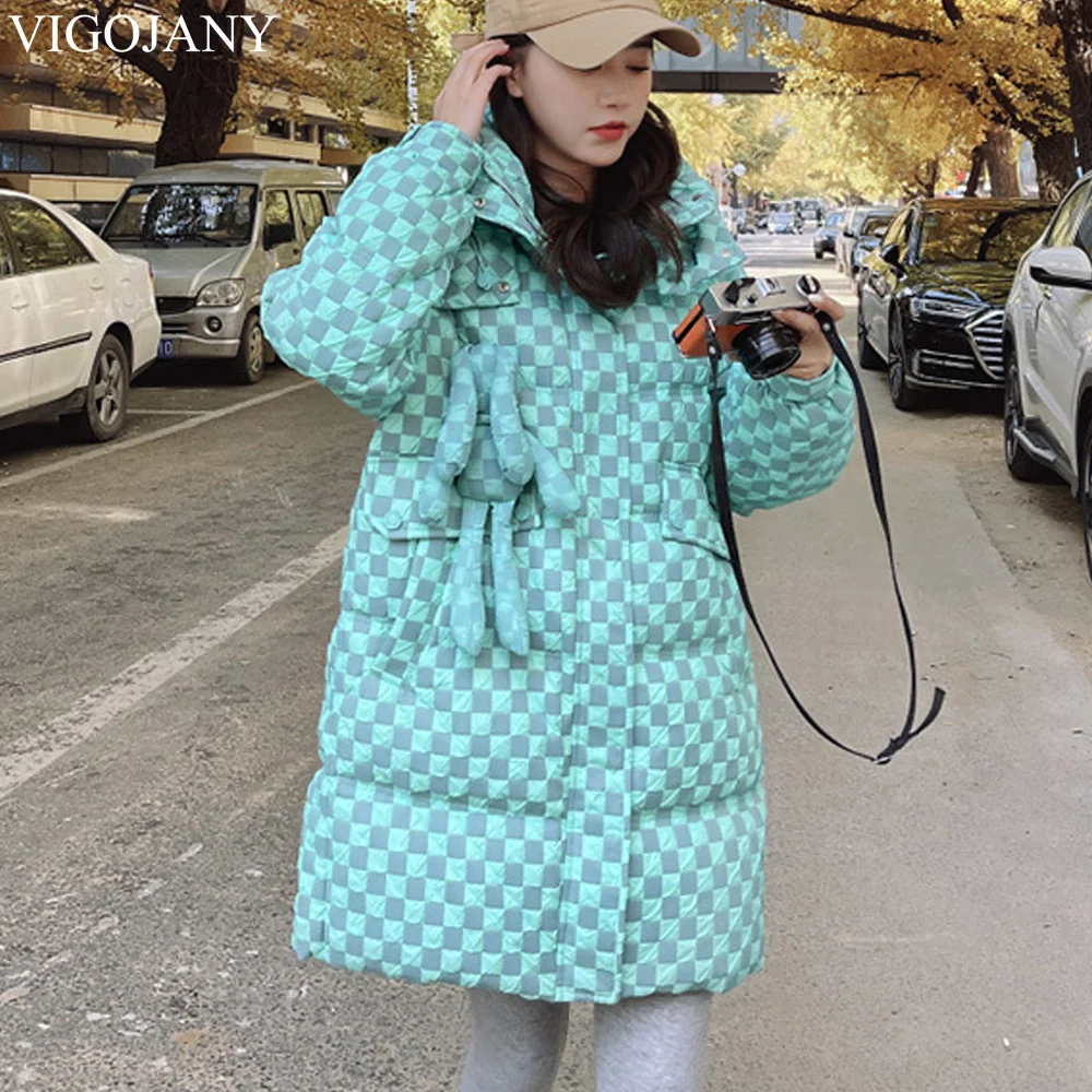 Vigojany Women Padded Jacket Winter Warm Hooded Parkas 2022 Print Green Long Sleeve Coats Female Korean Thick Puffer Outwear