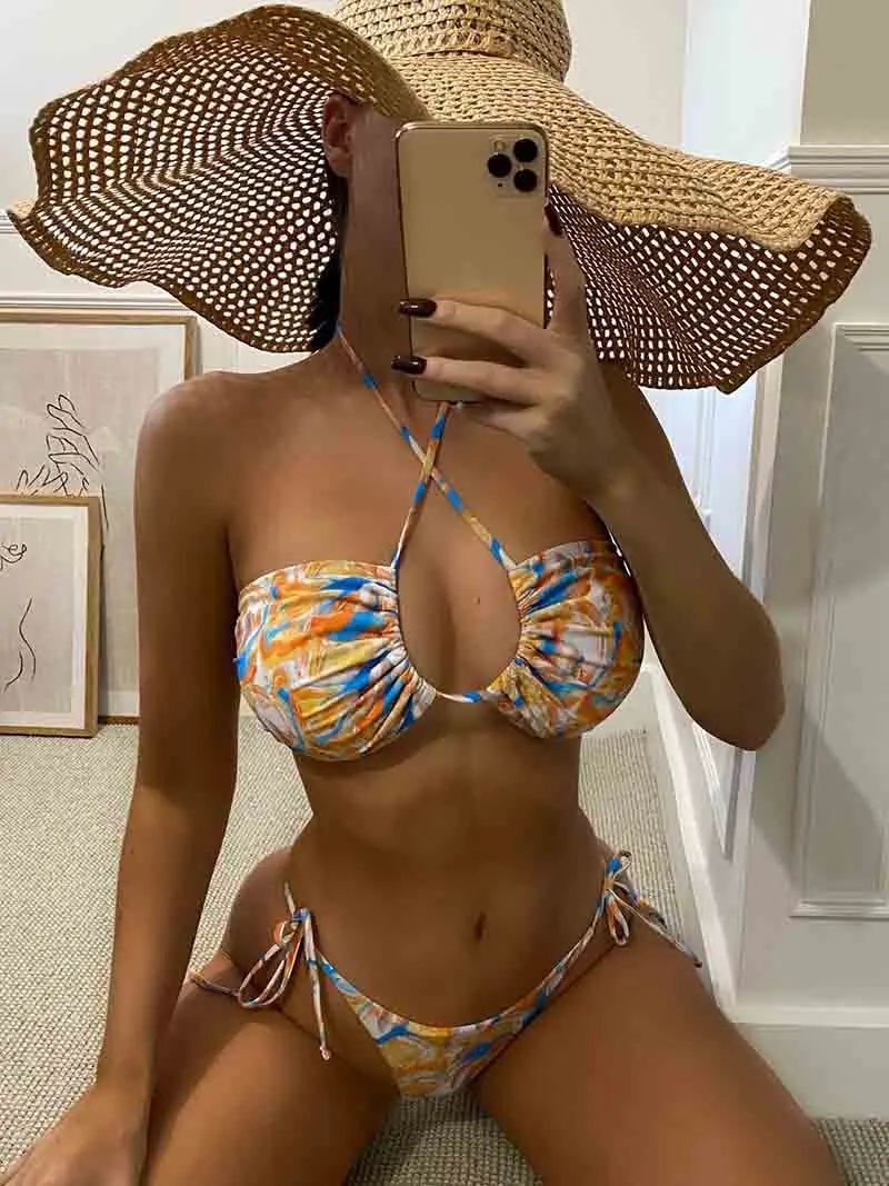 

Женский раздельный купальник с винтажным принтом, Бразильское бикини с лямкой на шее, купальник на шнуровке, 2023