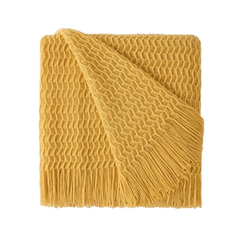 

Inyahome Travel Throw Blankets Mustard Textural Chevron Pattern Knitted Throw Blankets with Tassels Breathable for Couch Bedroom