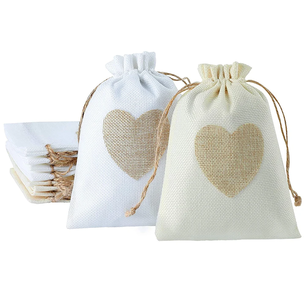 10pcs Rectangle Burlap Packing Pouches with Heart Drawstring Bags for Party Wedding Birthdays Jewelry Gift Wrapping Pouches