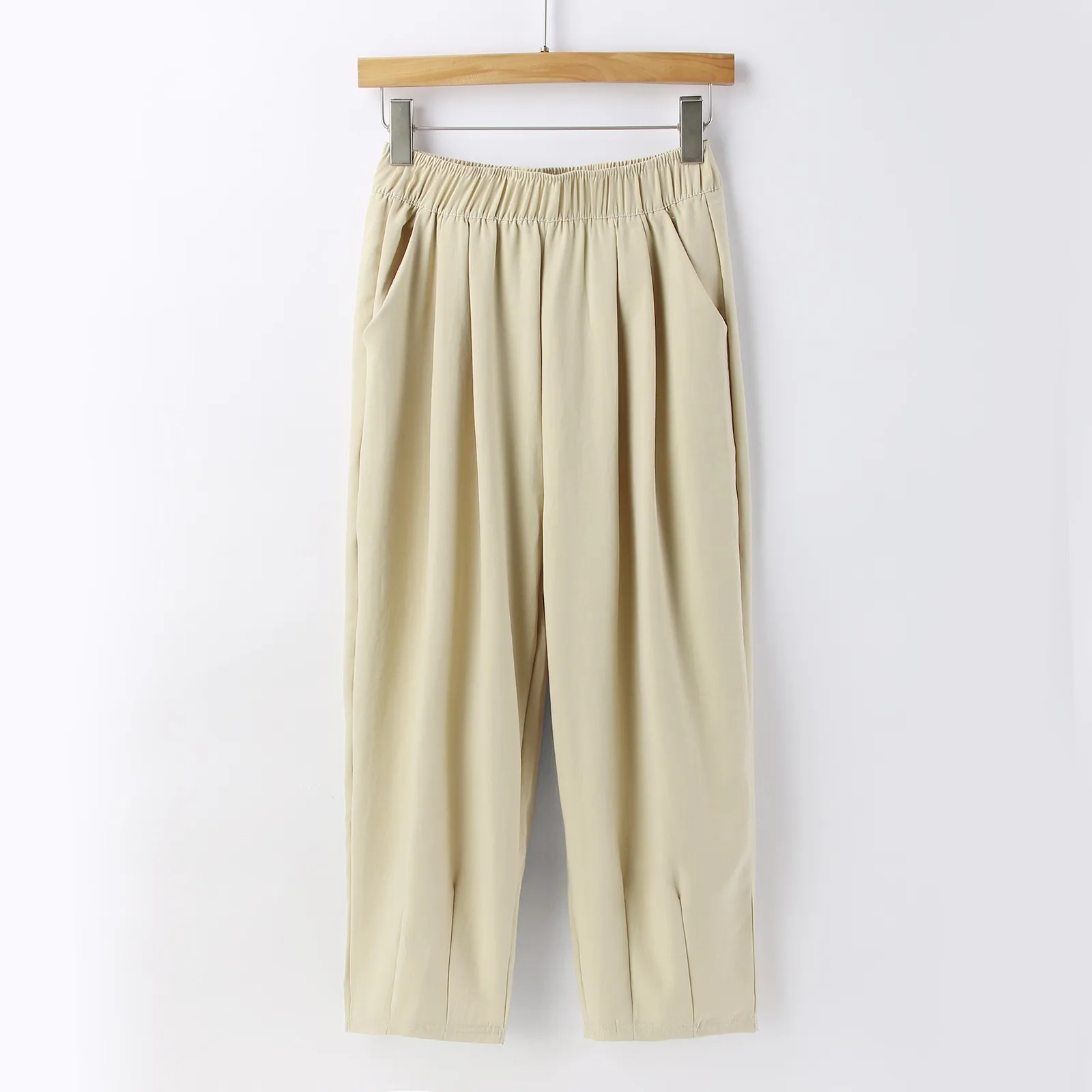 Summer Fall Casual Pants For Women's Solid Color Elastic Waist Pleated Eight Point Carrot Pants Ladies Loose Fit Trousers