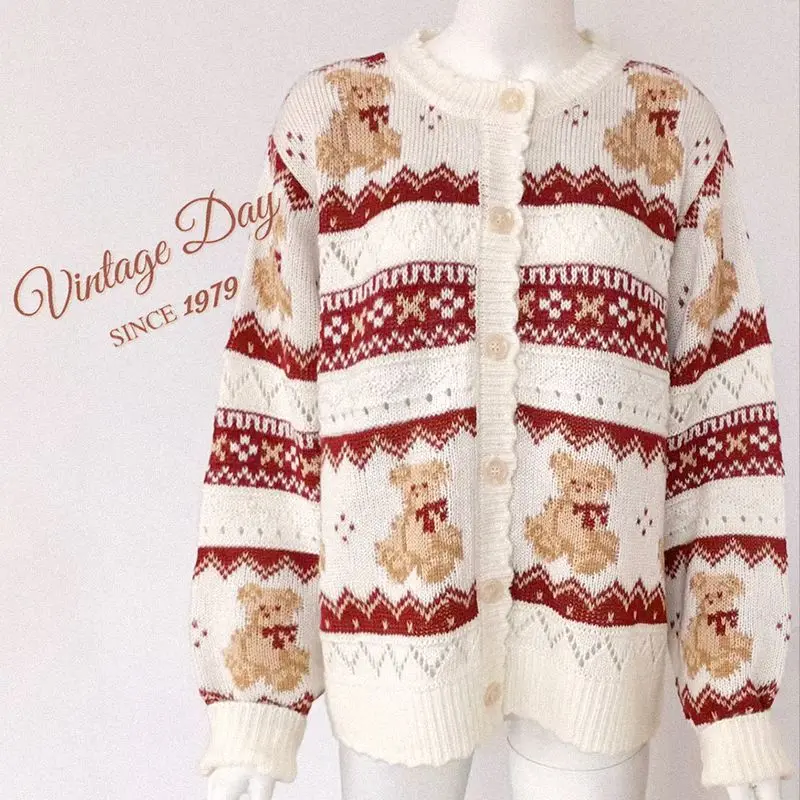 

Cute bear cardigan for women Retro bear jacquard hollow stitching vintage girl red white knitted sweater cardigan button jerseys