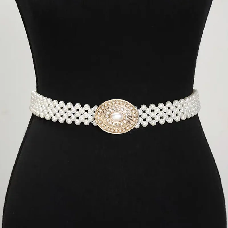 Women Fashion Sweet Imitation Pearl Versatile Elastic Waist Girdle Flower Bow Golden Buckle Decorative Belt Dress Sweater Belt