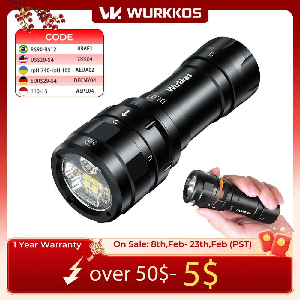 

Wurkkos DL07 фонарик для дайвинга, многоцветный светодиодный белый, красный свет, перезаряжаемый поворотный переключатель, водонепроницаемый, мощный 26650, наводнение и пятно