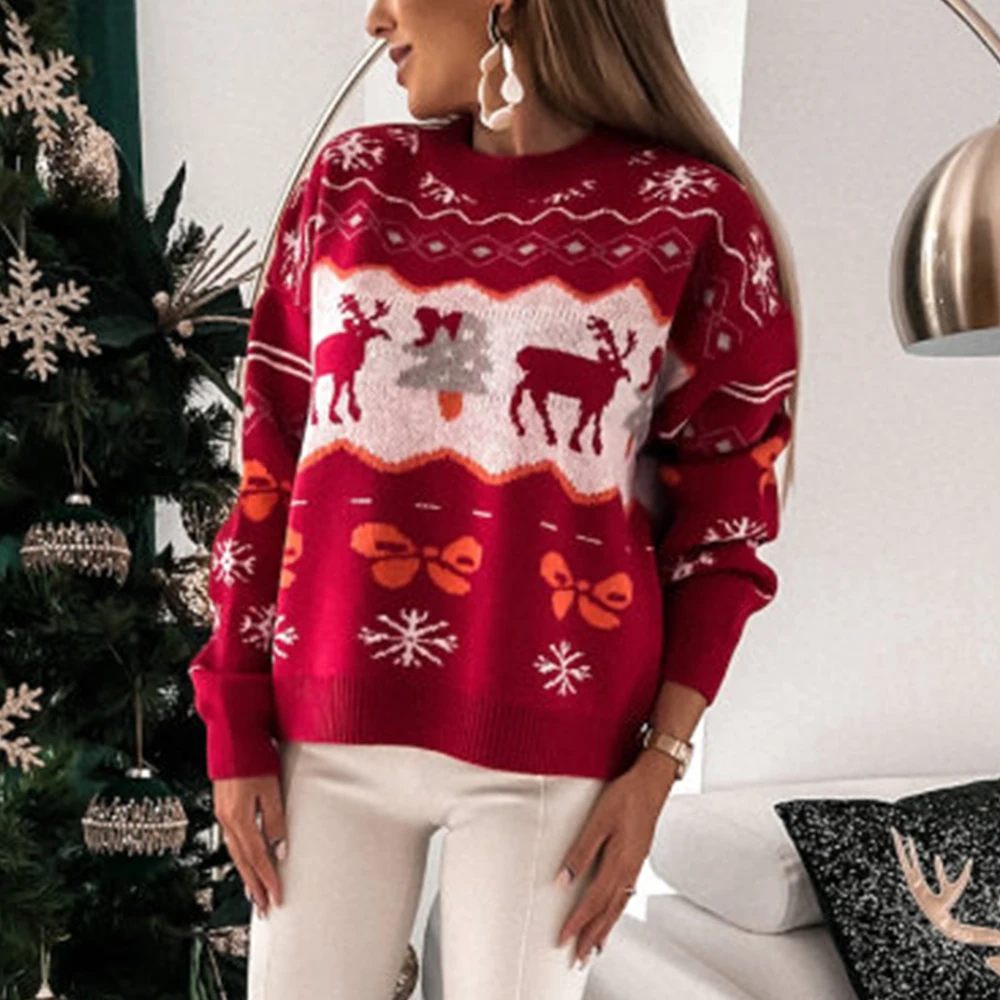 

Christmas Tree Snowflake Sweaters O Neck Woman Knitted Pullover Vintage Loose Jumper Festival Long Sleeve Top Female Sweater Top