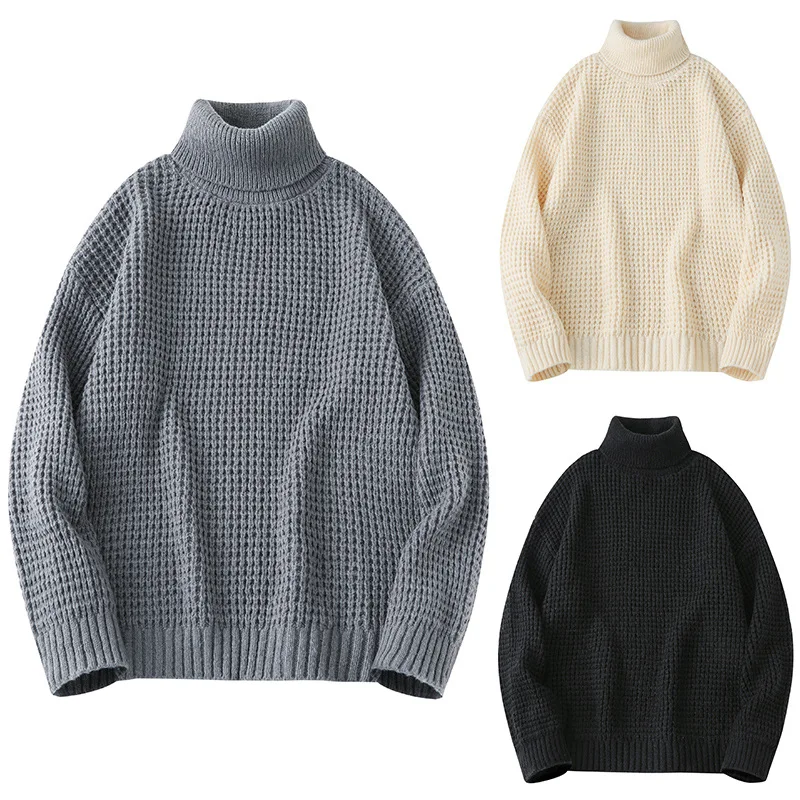 Solid Color Turtleneck Sweater Men Autumn Winter Couples Style Inner Knitted Sweater Thickened Loose Top