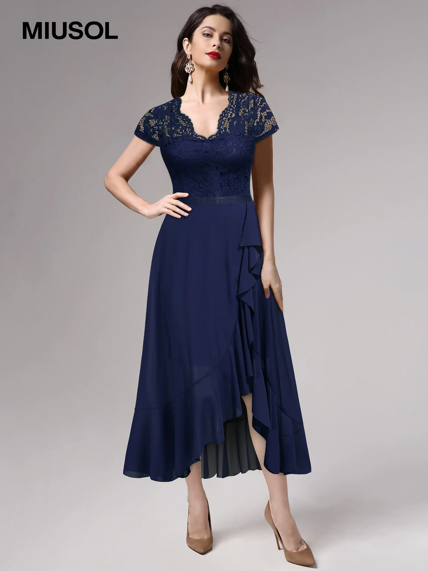 Miusol Women’s Bridesmaid Maxi Dress High-low Asymmetrical Ruffle Hem Dresses Elegant Lace Chiffon Contrast V Neck Short Sleeve